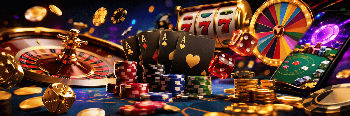 Fairplay online casino banner featuring roulette, poker, slots, and casino chips.