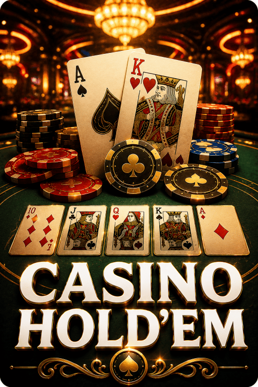 Fairplay Casino Hold'em game featuring playing cards, poker chips, and a casino table.