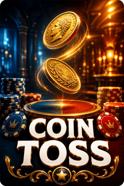 Fairplay Coin Toss game featuring a flipping coin, casino chips, and a premium gaming table.
