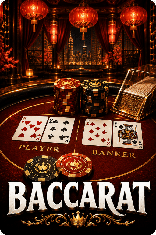 Fairplay Baccarat game featuring Player and Banker cards with casino chips on a gaming table.