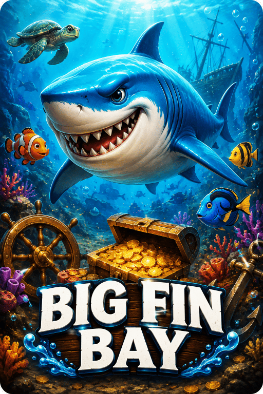 Fairplay Big Fin Bay game featuring a giant shark in an underwater adventure setting.