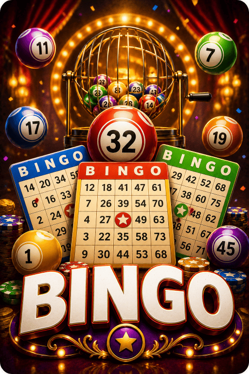 Fairplay Bingo game featuring bingo cards, numbered balls, and a classic bingo machine.