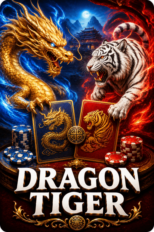 Fairplay Dragon Tiger game featuring a golden dragon, white tiger, playing cards, and casino chips.