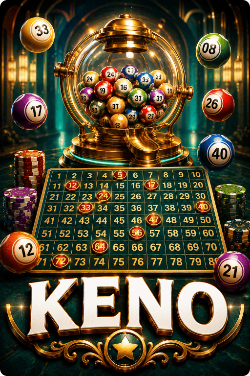 Fairplay Keno game featuring numbered balls, a keno board, and a lottery machine.