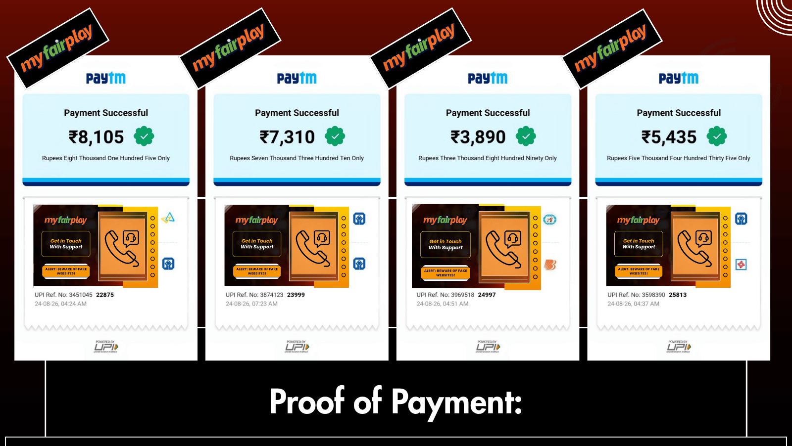 Multiple successful Paytm UPI payment screenshots showing transactions on MyFairplay