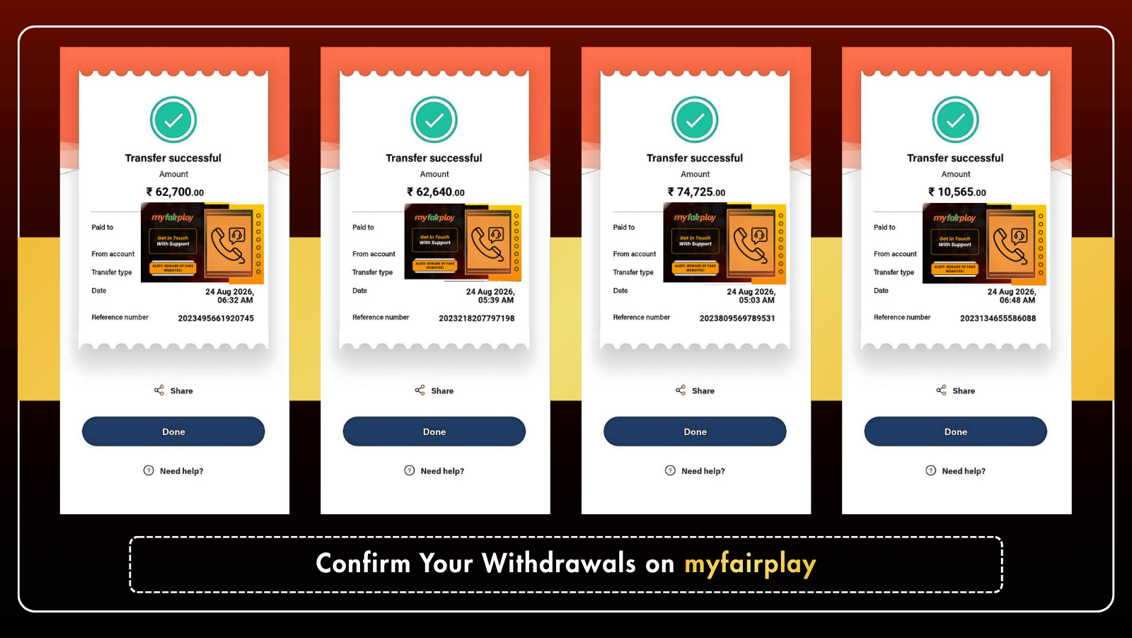 Multiple successful bank transfer receipts showing withdrawals completed through Myfairplay
