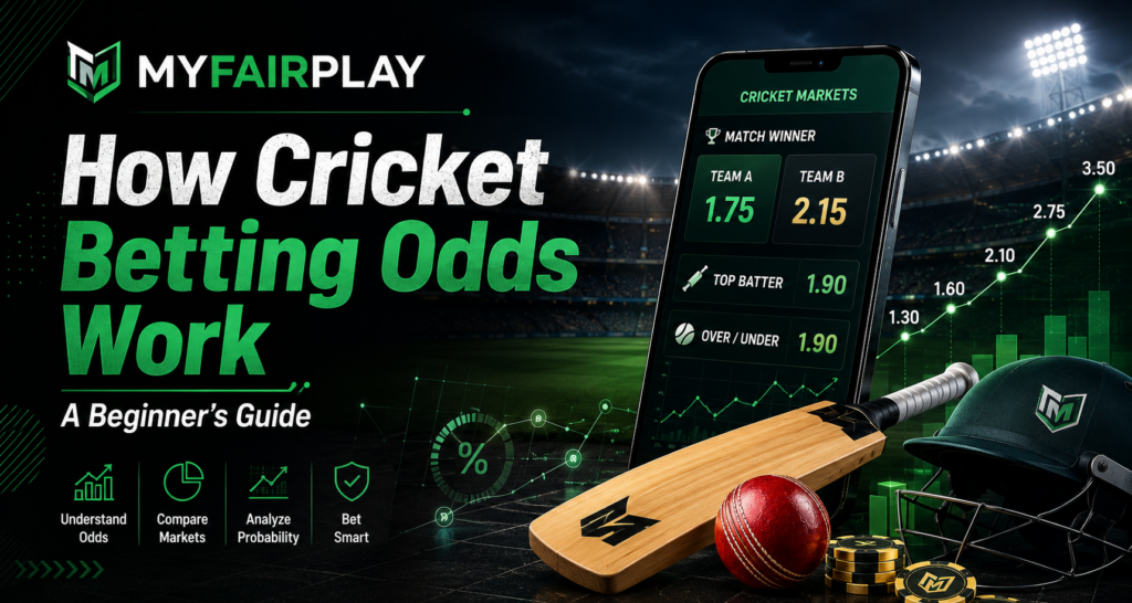 Beginner's guide graphic explaining how cricket betting odds work, showing cricket betting odds explained on mobile with match winner odds, top batter and over/under markets