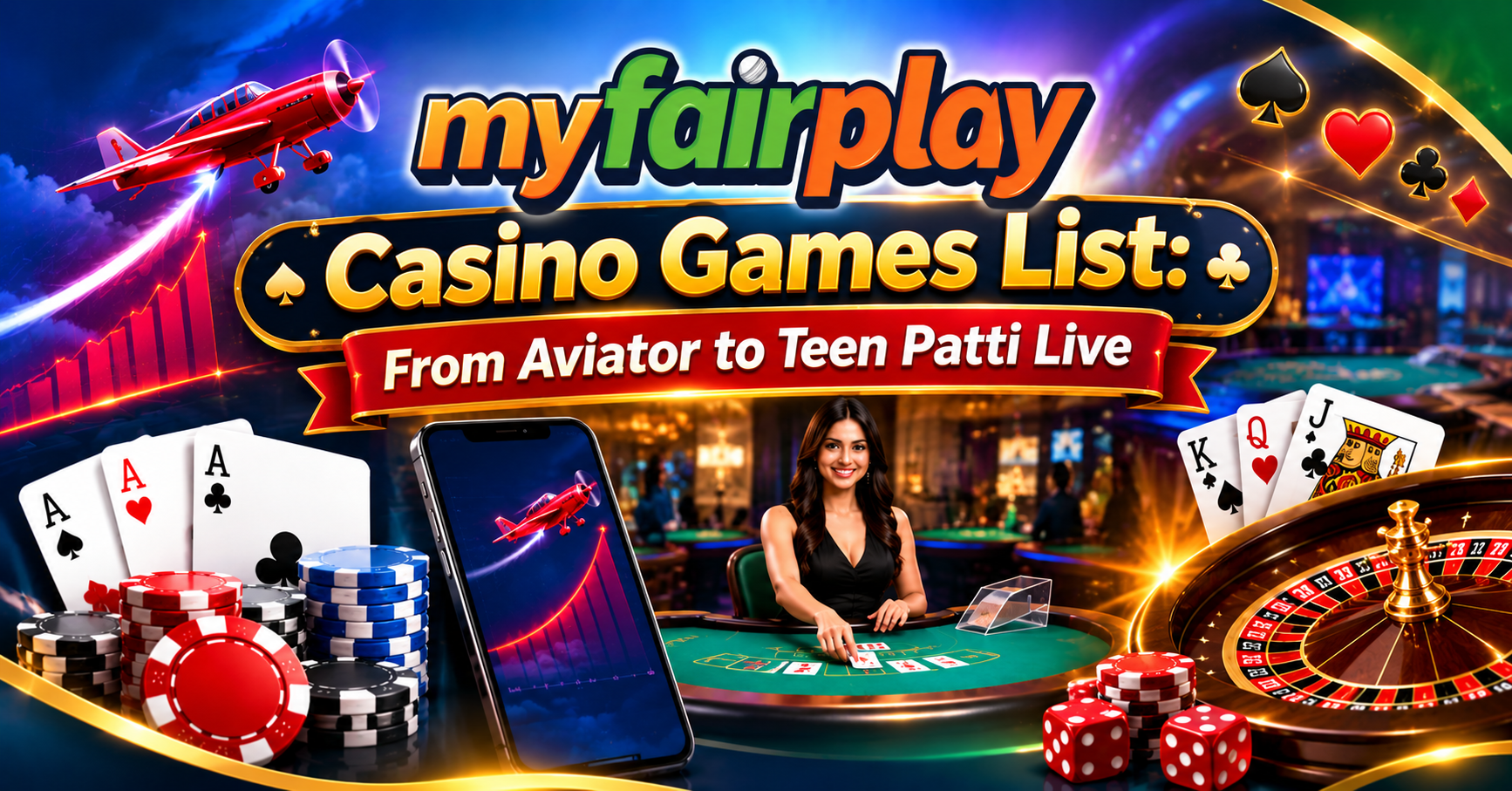 MyFairPlay Casino Games List featuring Aviator, Teen Patti Live, playing cards, roulette, casino chips, and live casino gaming