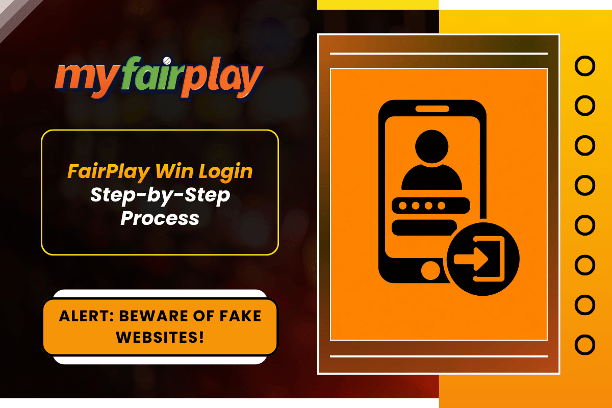 MyFairplay Fairplay Win login step by step process banner with fake website alert and mobile login icon