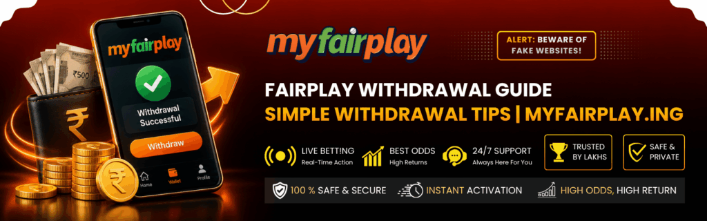 MyFairPlay app showing withdrawal successful screen with wallet, Indian rupee coins and cash - Fairplay withdrawal guide with simple withdrawal tips on MyFairPlay.ing