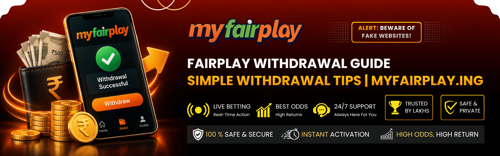 MyFairPlay app showing withdrawal successful screen with wallet, Indian rupee coins and cash - Fairplay withdrawal guide with simple withdrawal tips on MyFairPlay.ing