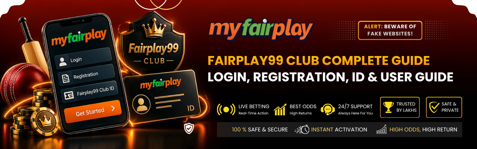 Fairplay99 Club complete guide showing MyFairPlay mobile app login and registration screen with Fairplay99 Club ID card, cricket bat and ball and poker chips - Fairplay99 login, registration and ID user guide on MyFairPlay official site