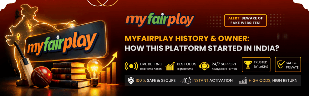 MyFairPlay history and owner banner explaining how this platform started in India with cricket bat ball and India map