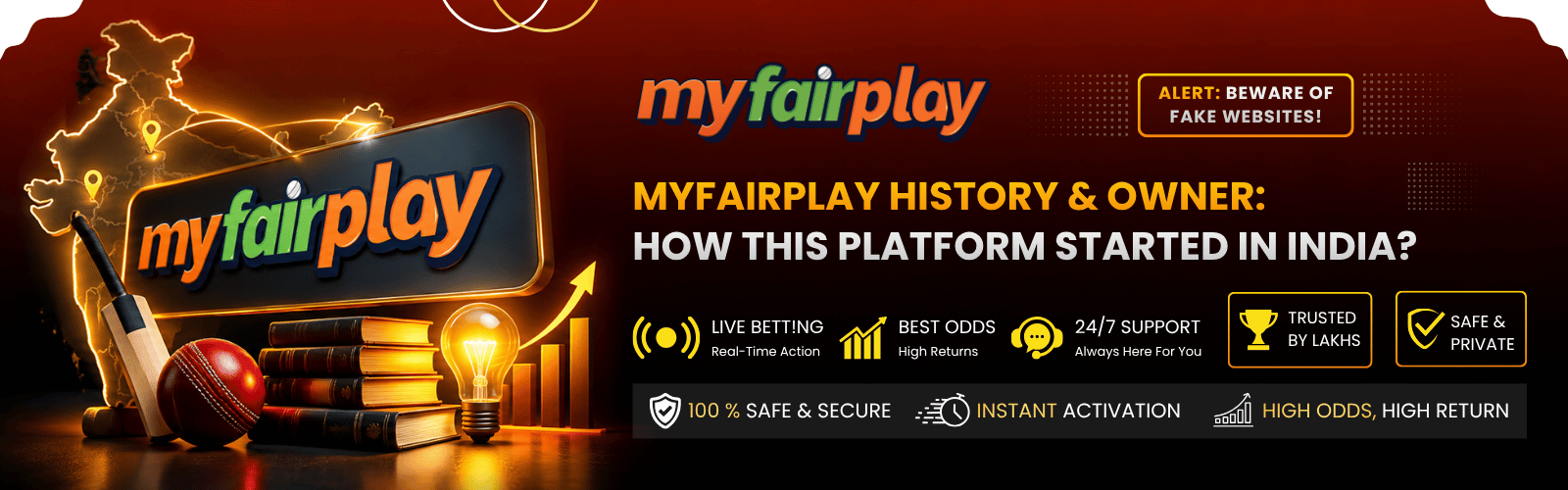 MyFairPlay history and owner banner explaining how this platform started in India with cricket bat ball and India map
