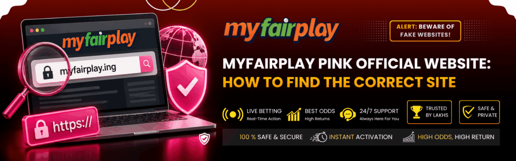 MyFairPlay pink official website verification showing laptop with myfairplay.ing in secure browser bar, https lock icon, shield and magnifying glass - guide to find correct official MyFairPlay site and avoid fake websites