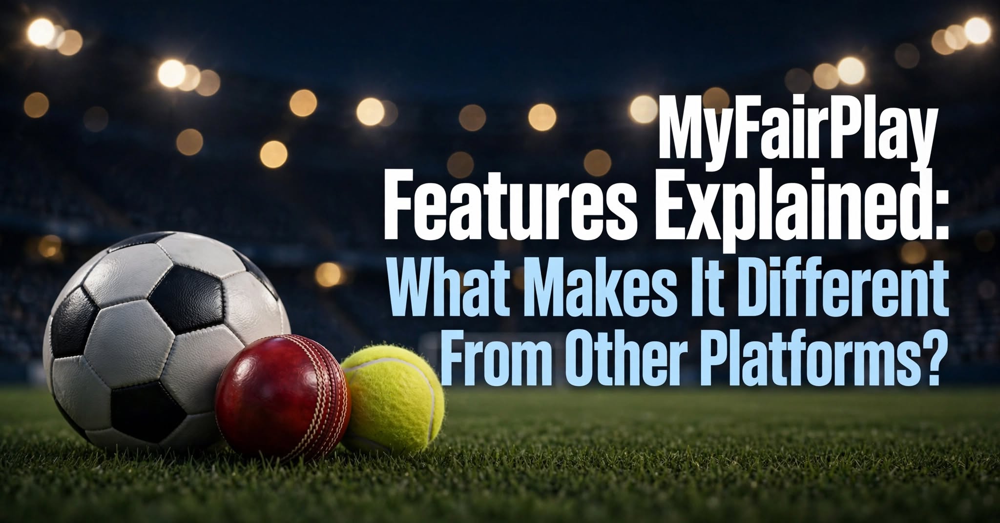 MyFairPlay Features Explained banner showing football, cricket ball and tennis ball on stadium grass with floodlights, featuring the heading What Makes It Different From Other Platforms