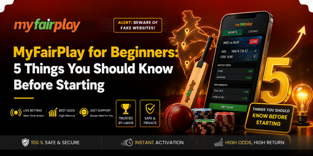 MyFairPlay for beginners guide banner showing cricket betting, account setup, login process and registration process on mobile