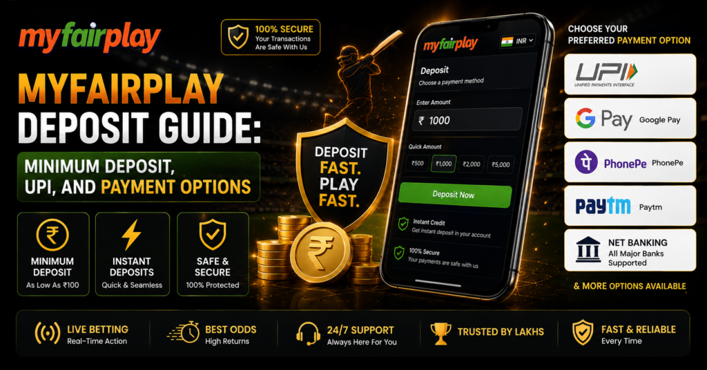 MyFairPlay deposit guide showing minimum deposit, UPI, Google Pay, PhonePe, Paytm and net banking payment options with INR 1000 deposit screen