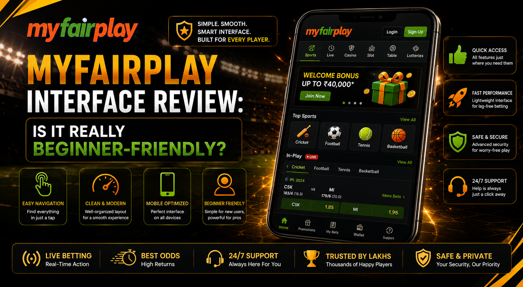 MyFairPlay interface review showing MyFairPlay app interface, dashboard, betting options and easy navigation for beginners