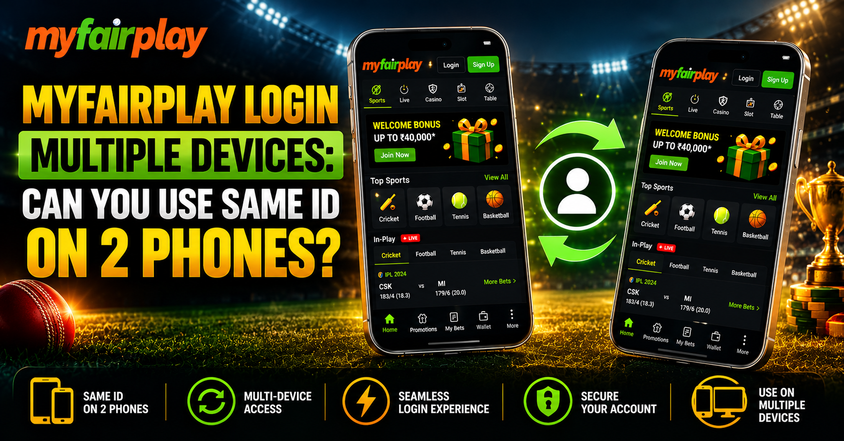 MyFairPlay Login Multiple Devices showing the same account interface on two smartphones.