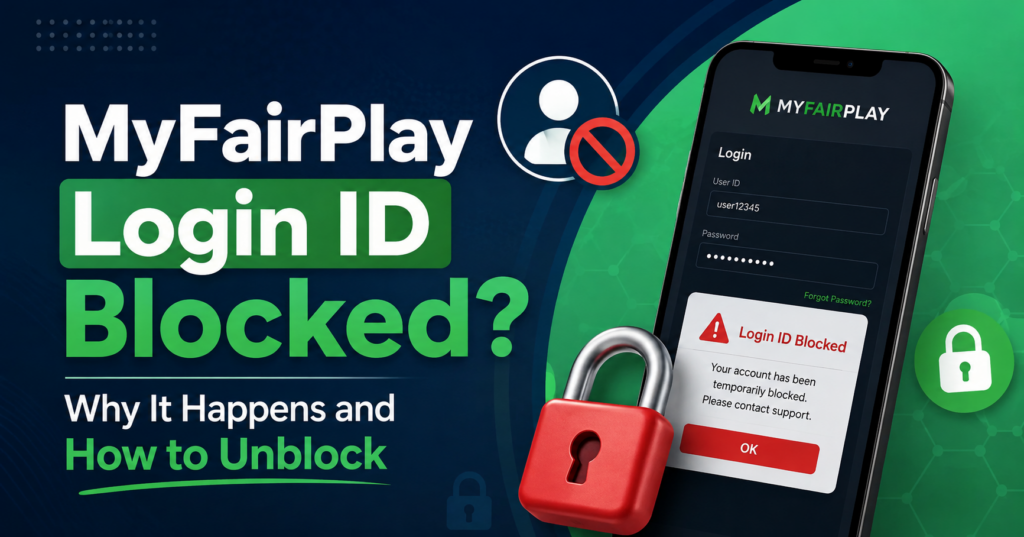MyFairPlay login ID blocked error on mobile screen with a lock icon, explaining account blocking reasons and how to unblock a MyFairPlay account.