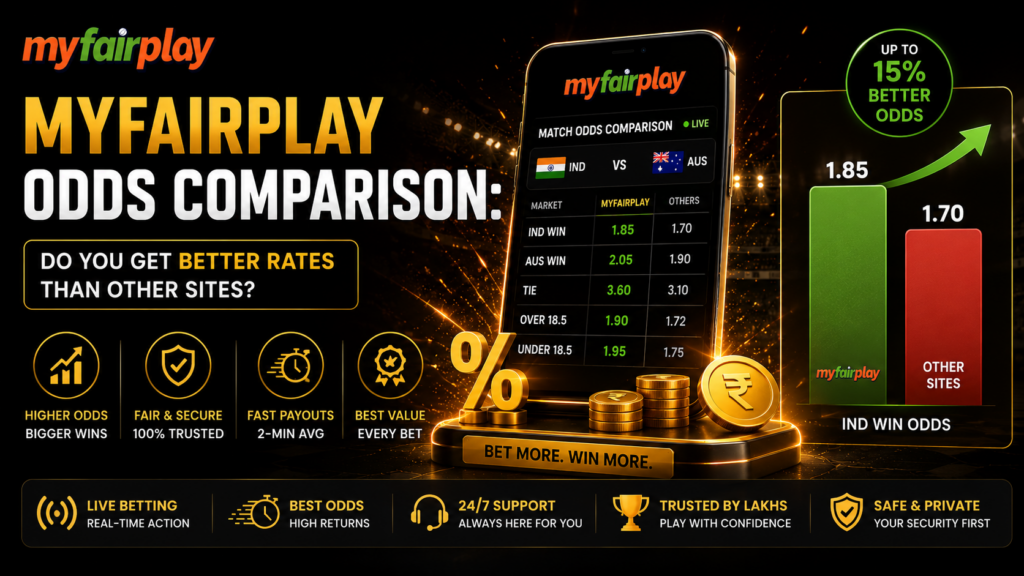 MyFairPlay odds comparison showing better rates than other sites with up to 15 percent better odds IND vs AUS 1.85 vs 1.70