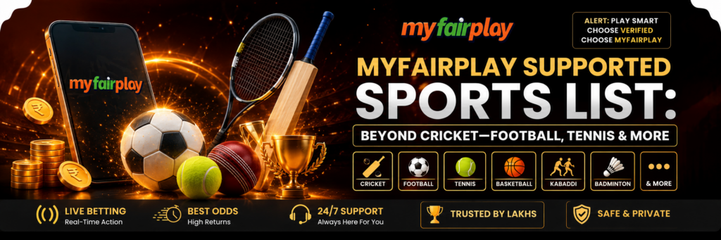 MyFairPlay Sports List featuring football, tennis, cricket, basketball, volleyball, table tennis, horse racing and esports
