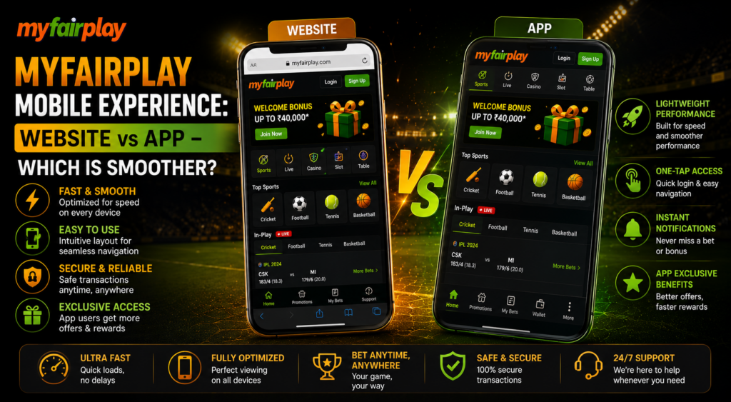 MyFairPlay mobile experience comparison showing MyFairPlay website on mobile vs MyFairPlay mobile app experience on phone